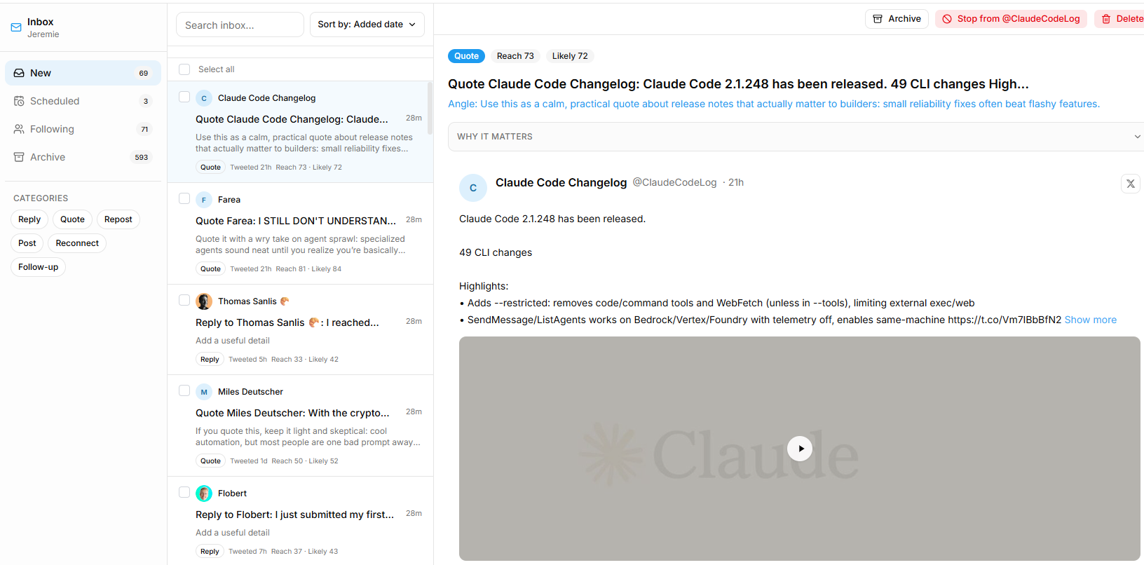 The XBurst inbox: New and Following folders on the left, curated posts in the middle, and the selected post with a suggested angle on the right.