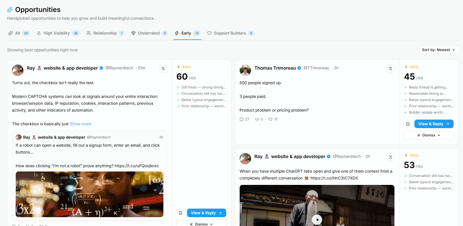 The XBurst Opportunities feed: scored posts in two columns, each with a score out of 100 and the reasons it was surfaced.
