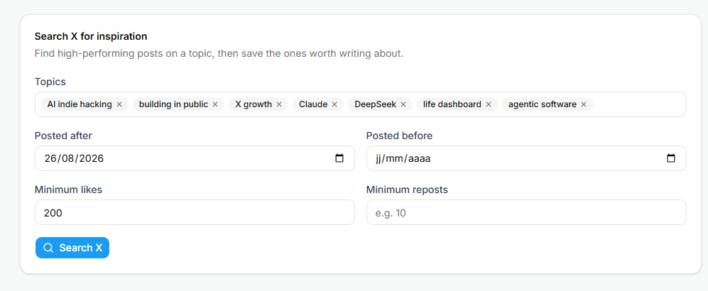 The XBurst Inspiration tab: a topic search across X with date range and minimum likes filters, and the resulting high-performing posts below.